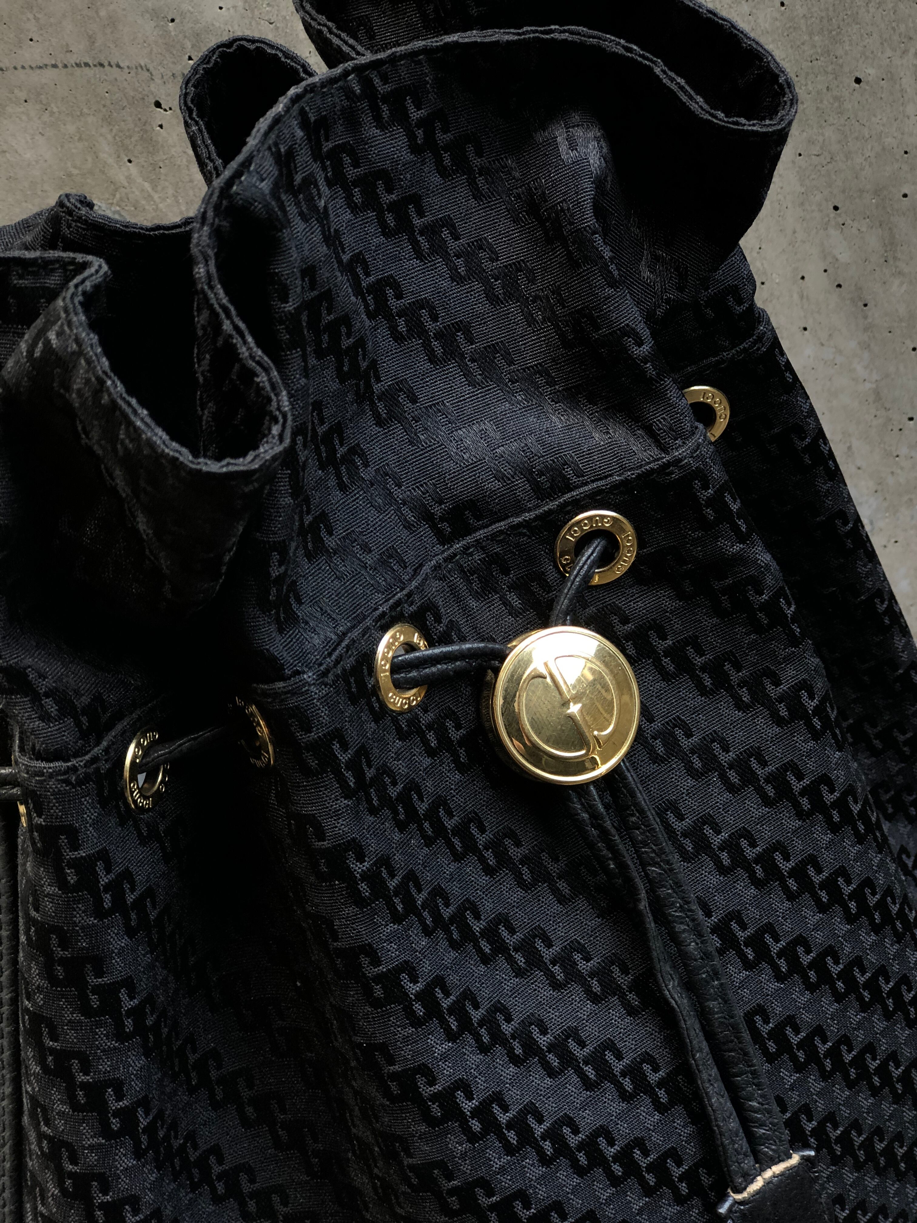 GUCCI グッチ 総柄 キャンバス×レザー 巾着 ドローストリング