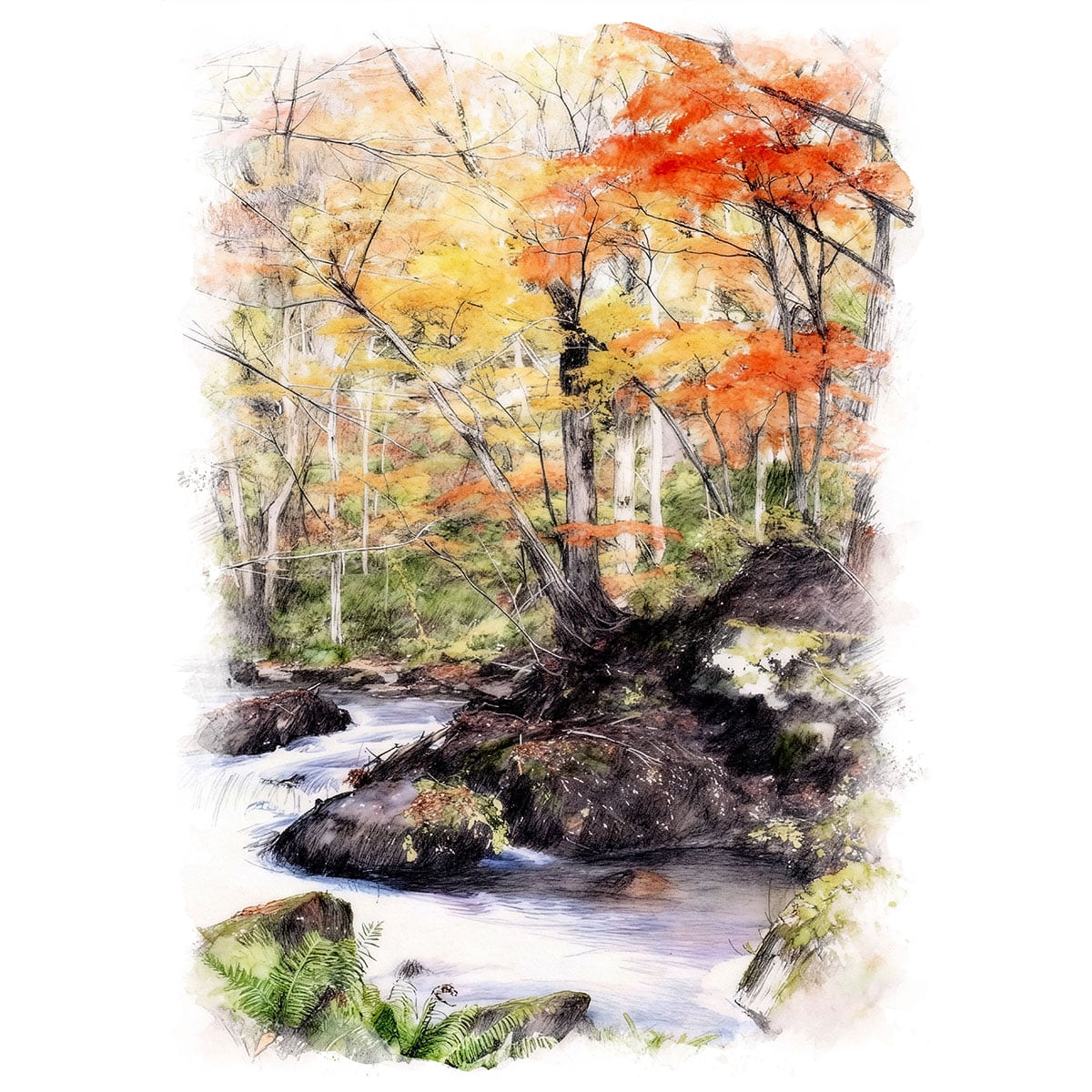 絵画(風景画) 日本 秋の奥入瀬渓流 インテリアアート額付き 水彩画・油絵風 WAT0936
