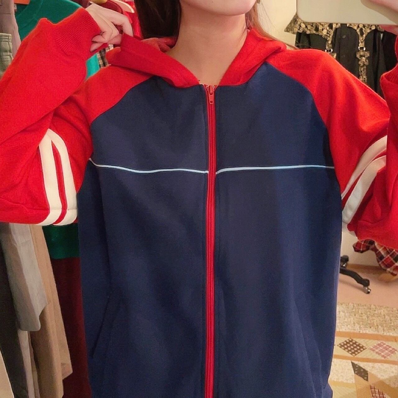 90s red navy jersey hoodie