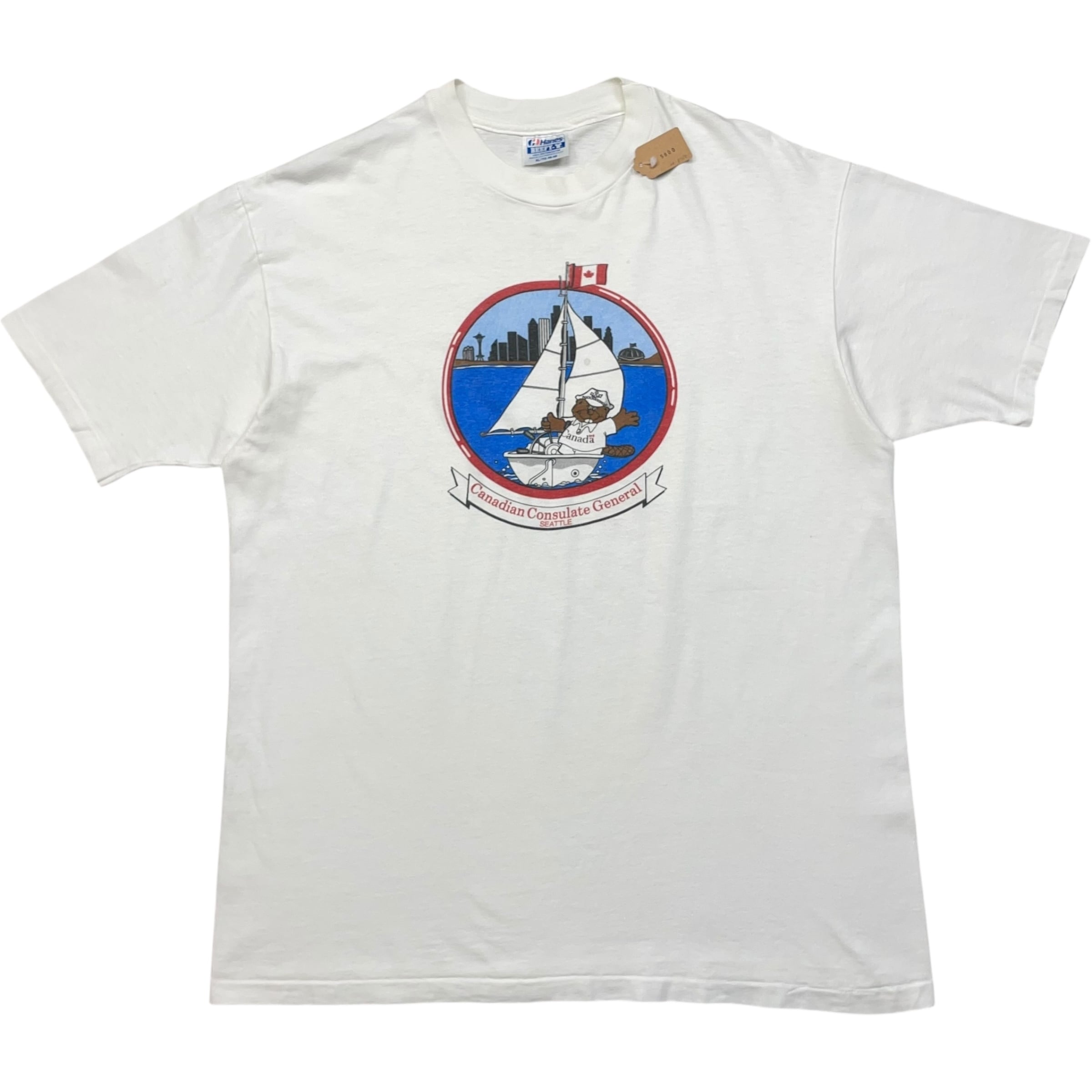 《XL》 Hanes ヘインズ Tシャツ ホワイト フロントプリント アニマルプリント シングルステッチ USA製 80年代 vintage no.8759