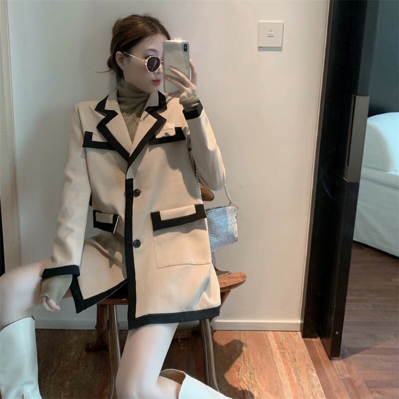 ステッチフライドストリートスモールスーツレディース秋のルーズスタイルスーツ2020新しいミドル丈気質トップコート ブラックストロベリース75512652965