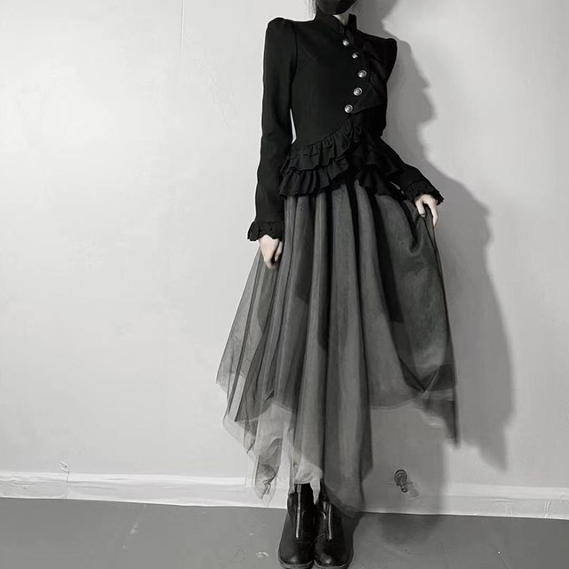 ゴスロリファッション 通販 With U スカート フレアスカート アシンメトリー ロング丈 メッシュ レイヤード 大人 病み可愛い きれいめ 原宿系 ストリート ゴスロリ服 病み服