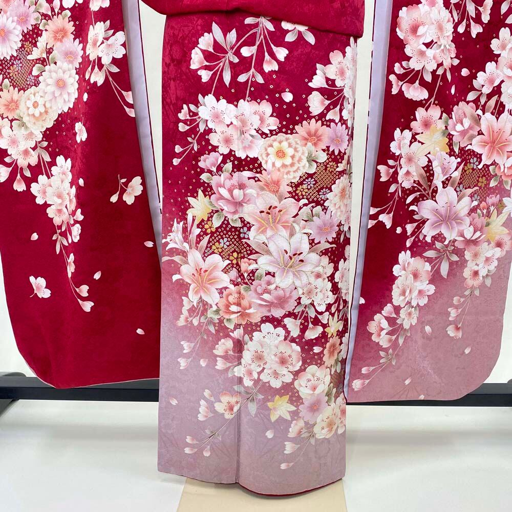 正絹赤地に季節のお花模様168cm