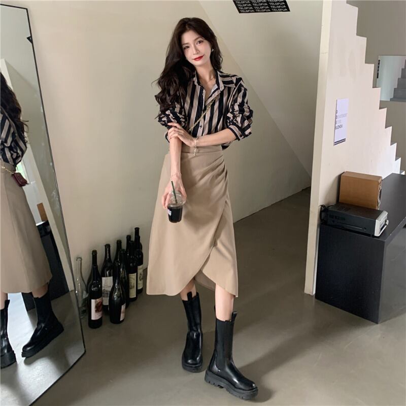 レディースオータムストライプシャツ ハイウェストウェストスカート ストリート 秋物 YY-ファッション49925716539