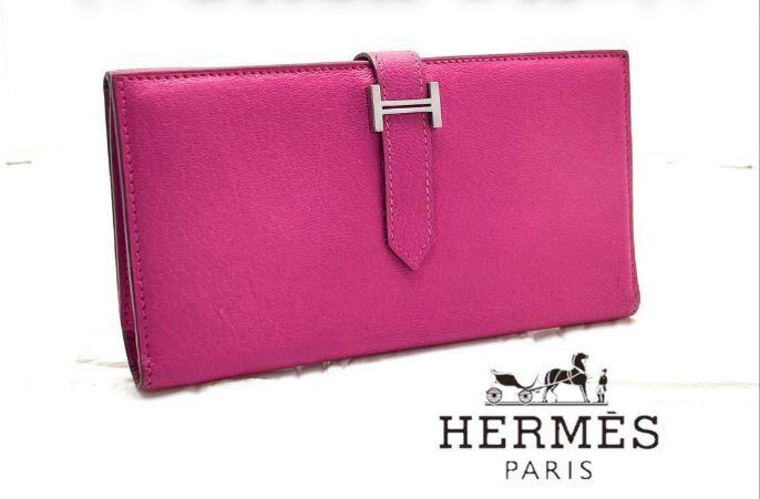 HERMESエルメス長財布べアンデュプリ三つ折り財布ピンクシルバー金具