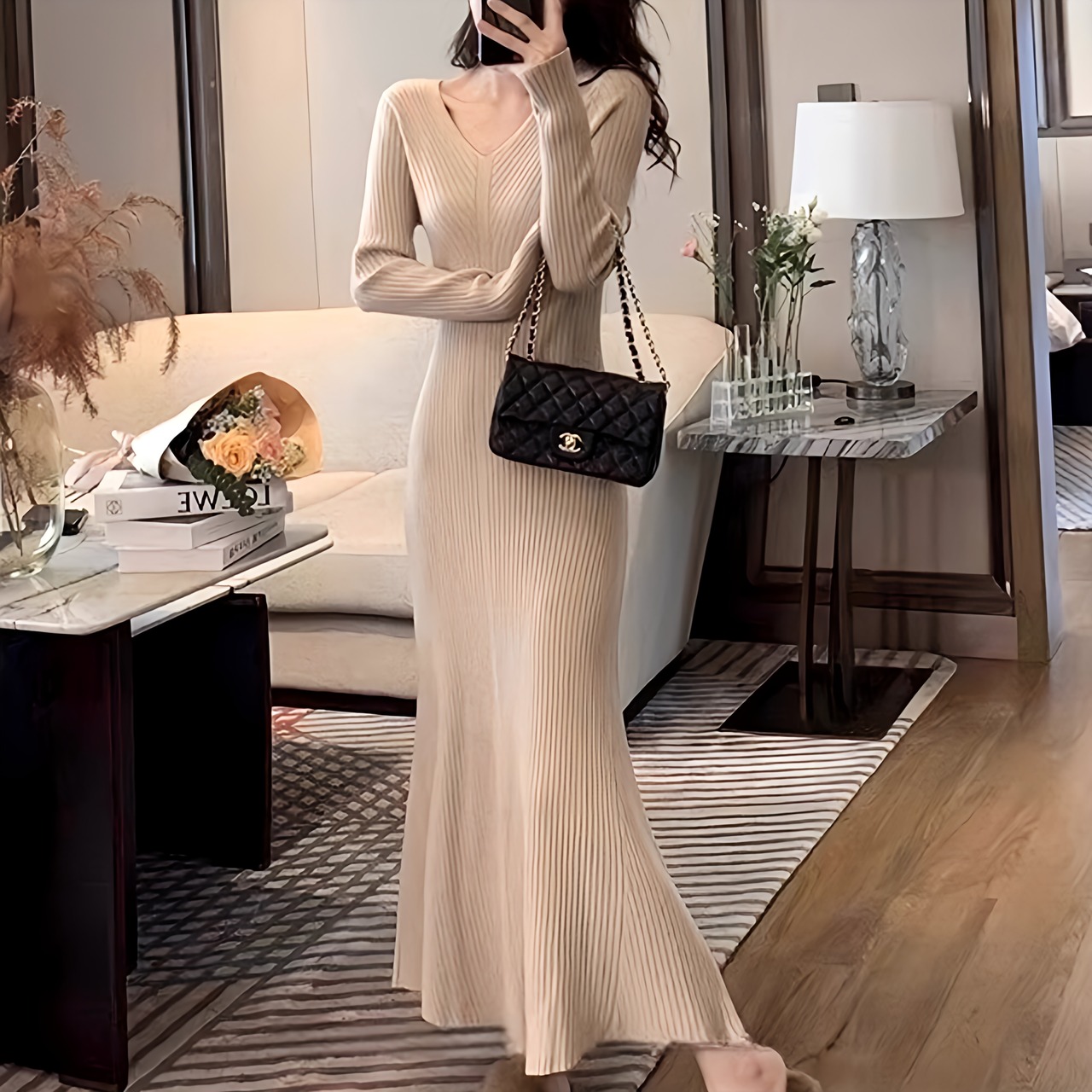 Vネックロングワンピース