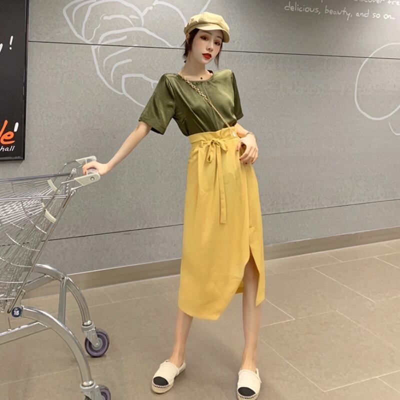 サテンソリッド カラーTシャツ スカート サマー 夏物 ソリッドカラー YY-ファッション10944429730