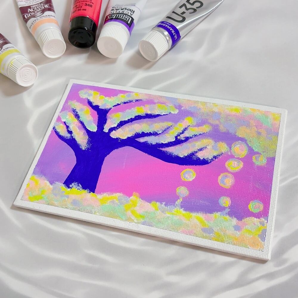 ハガキサイズ】雪と木キャンバスアート カラフル アクリル絵の具 ※運気