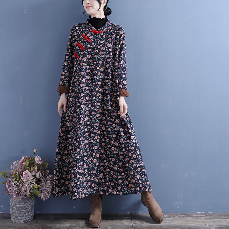 清裊シリーズ チャイナ風ワンピース 3color 黒or黄orネイビー 裏起毛 厚て 花柄 中華服 民族風 Elegant