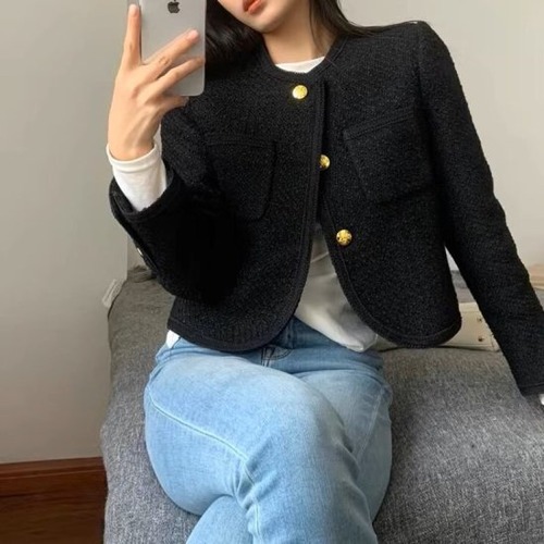ツイードジャケット レディース ノーカラージャケット 長袖 ボタン シングルブレスト ラウンドネック ショートジャケット シンプル エレガント 入学式 卒業式 セレモニー フォーマル おしゃれ