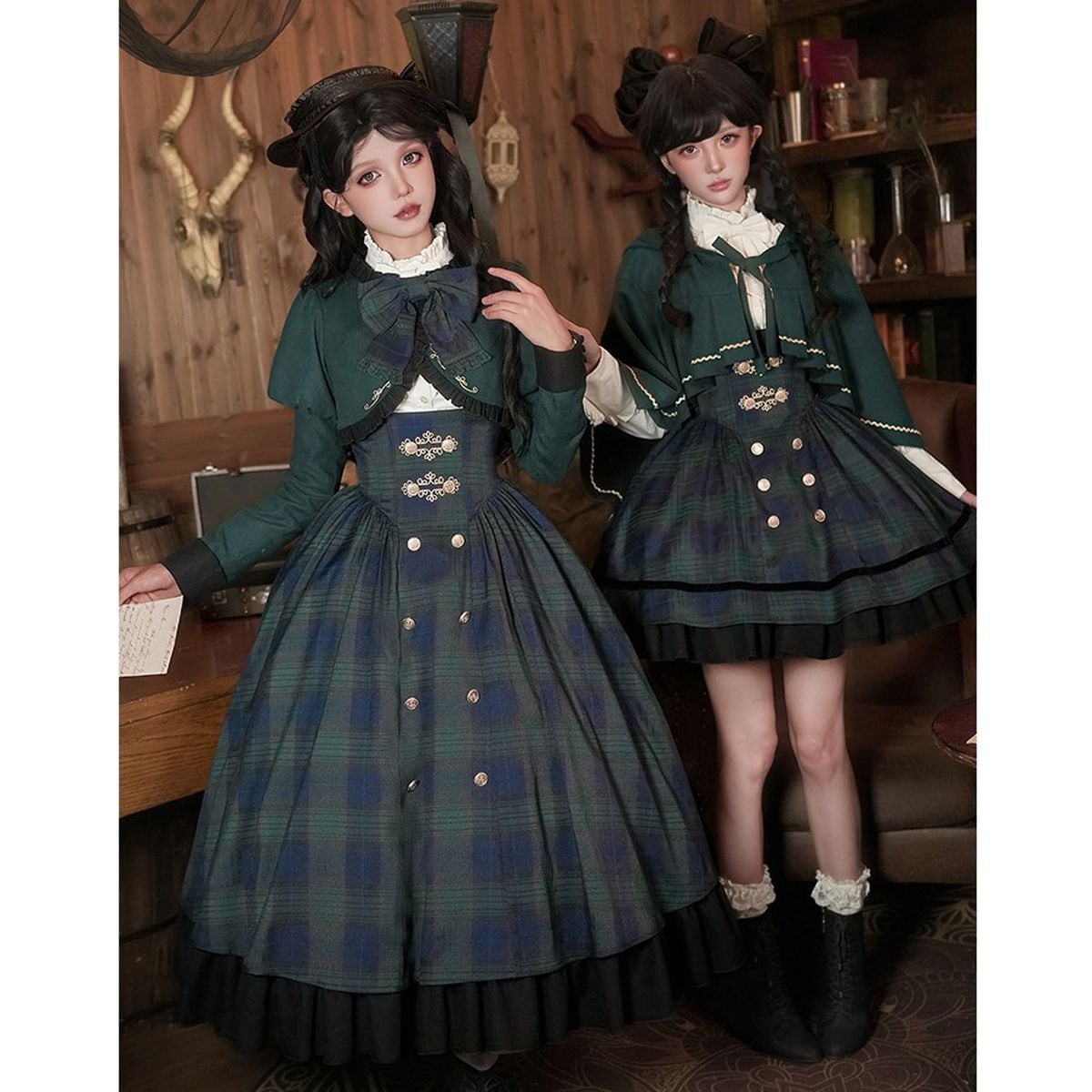 ツインズ・アカデミック・チェックスカートセットアップ：ケープ付き 5