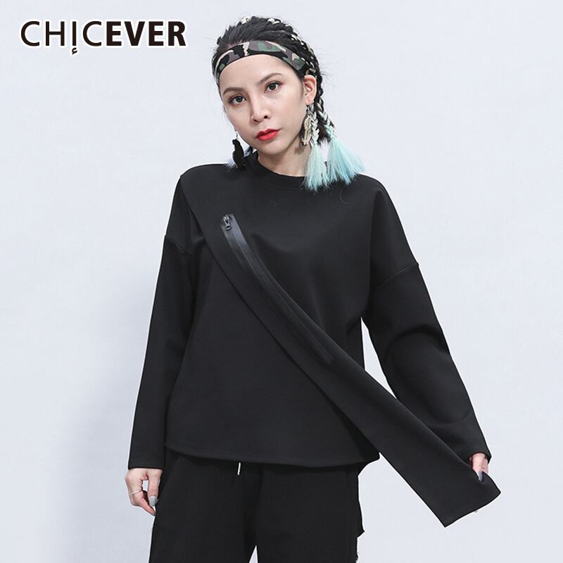 CHICEVER非対称裾TシャツレディースOネック長袖パッチワークジッパーTシャツ2020オータムスタイルタイド ロング 秋物 6base546773640824