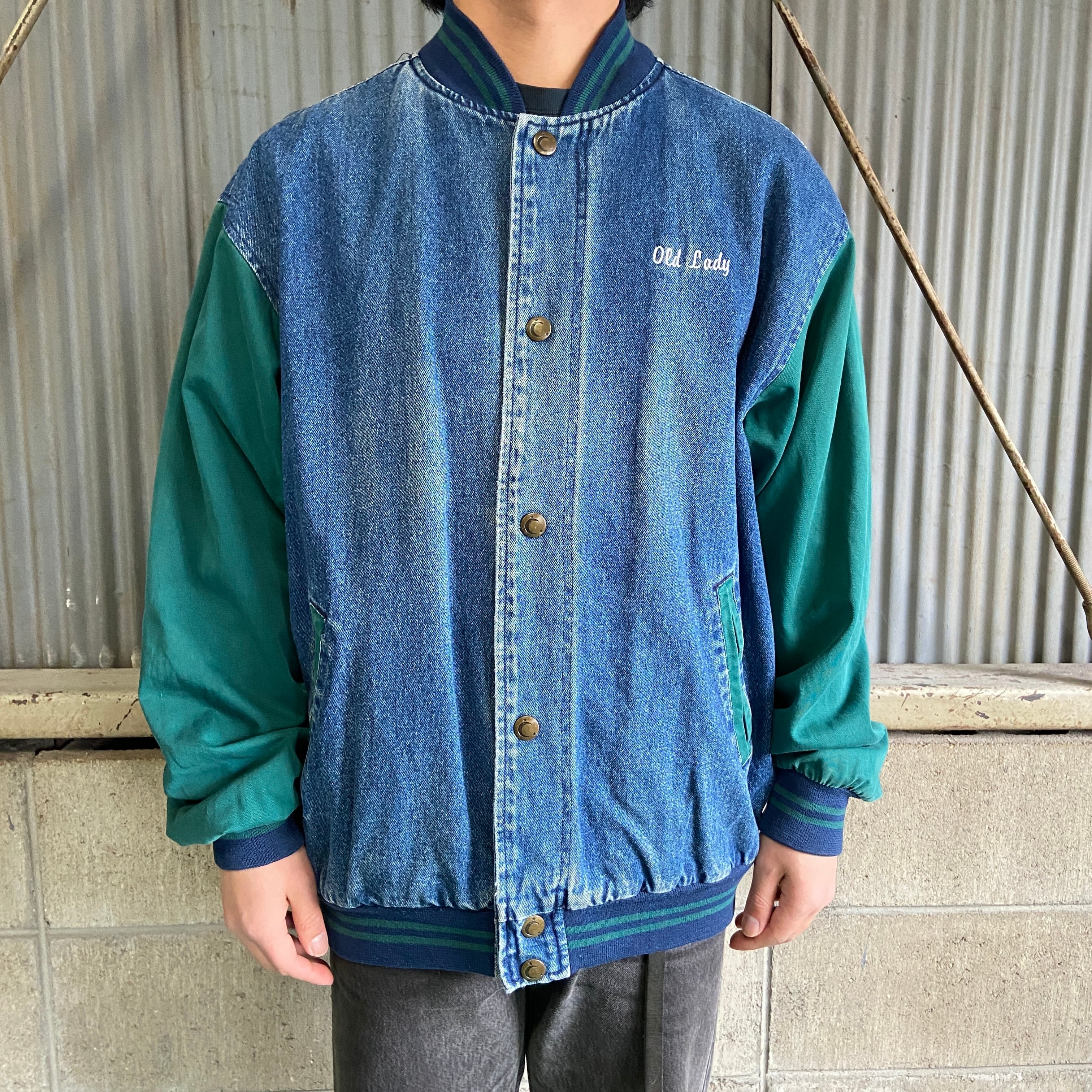 90年代 LUNA PIER ”Old Lady” ワンポイントロゴ刺繍 デニムスタジャン メンズL 古着 デニムジャケット 袖切替 90s
