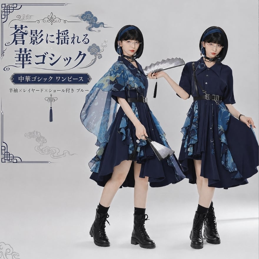 中華ゴシック ワンピース 半袖×レイヤード×ショール付き ブルー|WithU