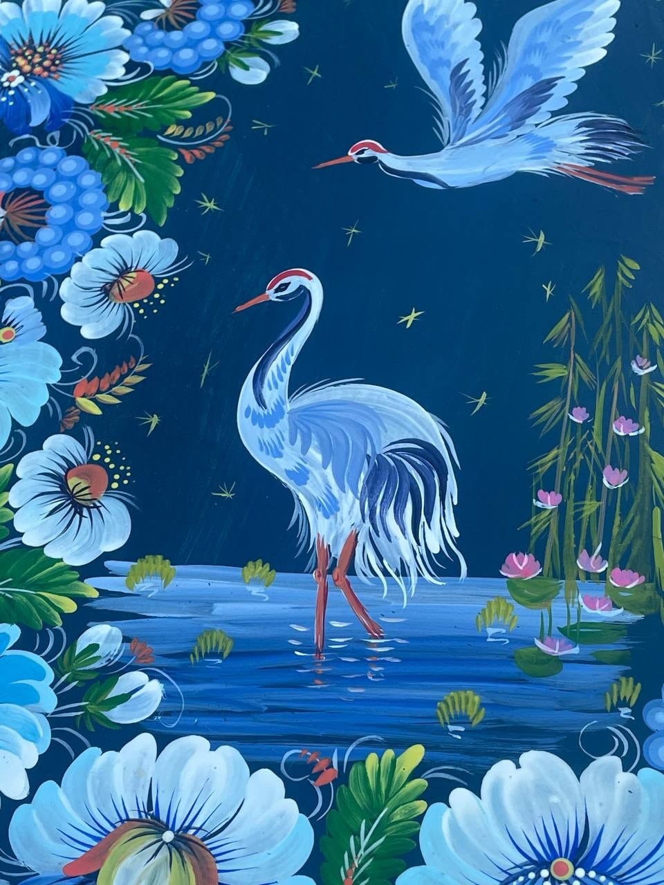 夢見る鶴たち】ペトリキウカ塗り 壁掛け手描き絵画（ヴァレンティナ