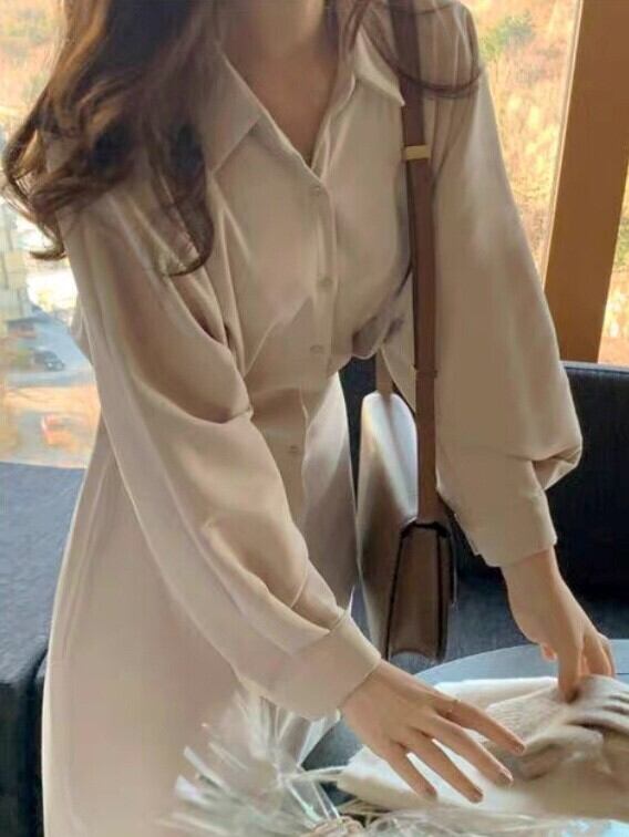 ドルマンスリーブシャツワンピース ウエストリボン きれいめ 大きいサイズ 韓国 CH6909