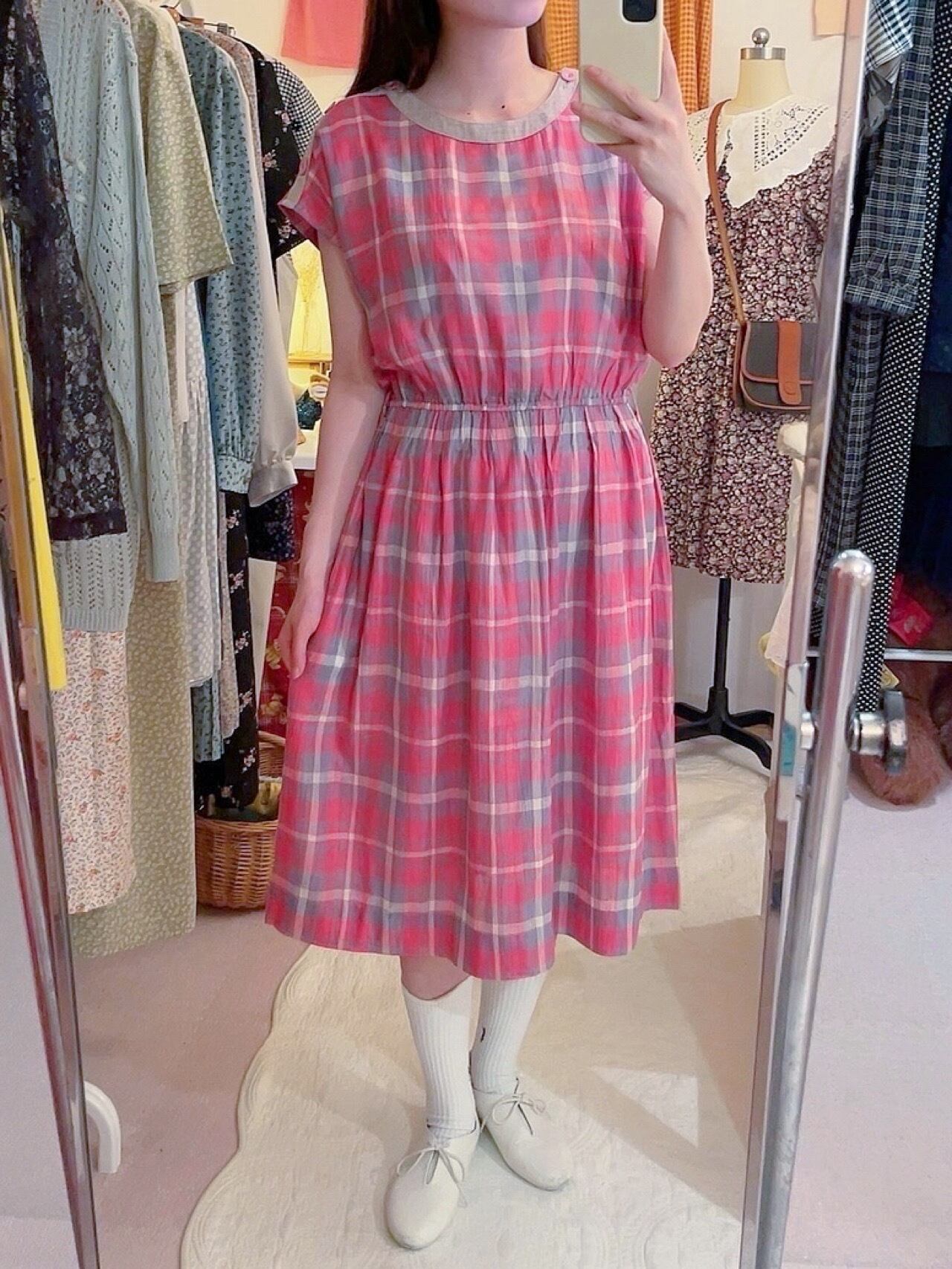 pink gray check button one-piece