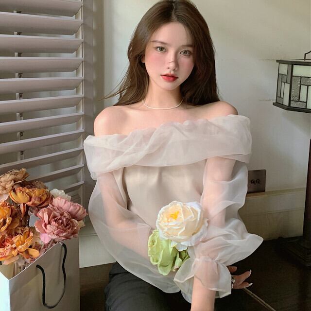 ブラウス レディース S/M トップス オフショルダー シフォン 長袖 シースルー ベージュ