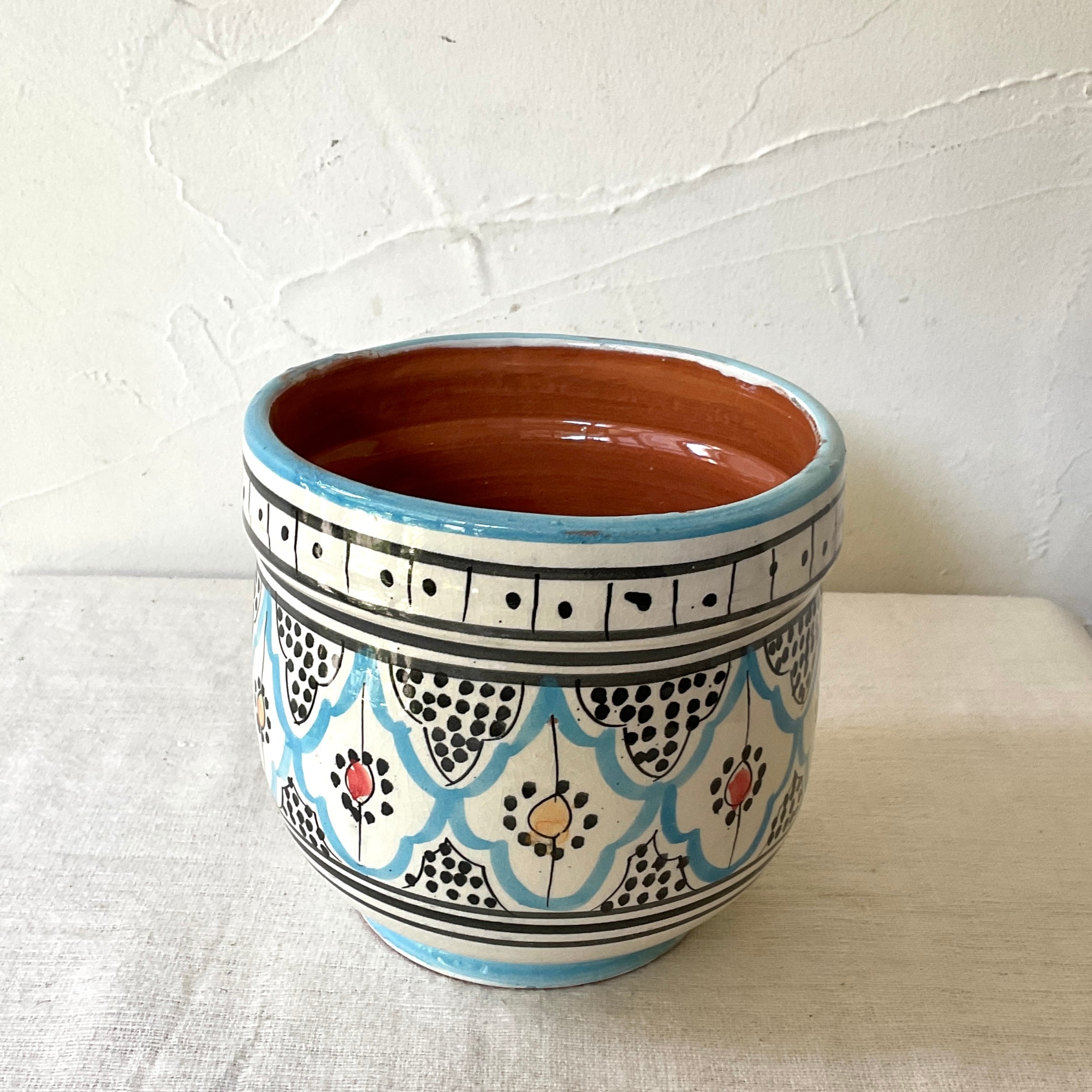 モロッコ　土器 モロッコ陶器】サフィ陶器のプランター(水色・小) | 照明＆エシカル