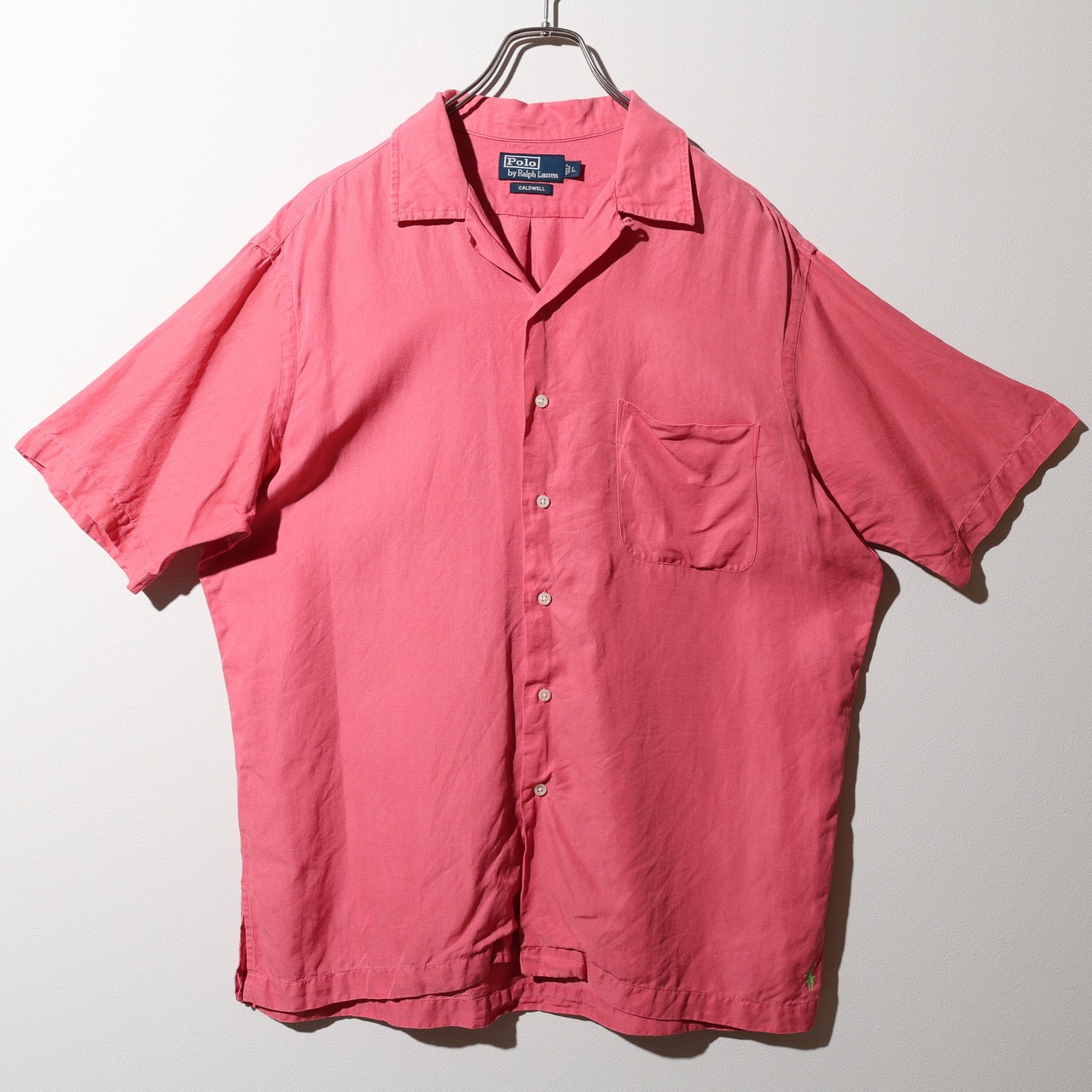 美品 L コーラルピンク シルクリネン Caldwell Polo Ralph Lauren ポロラルフローレン 半袖開襟シャツ