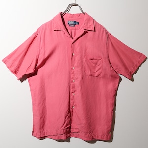 美品 L コーラルピンク シルクリネン Caldwell Polo Ralph Lauren ポロラルフローレン 半袖開襟シャツ