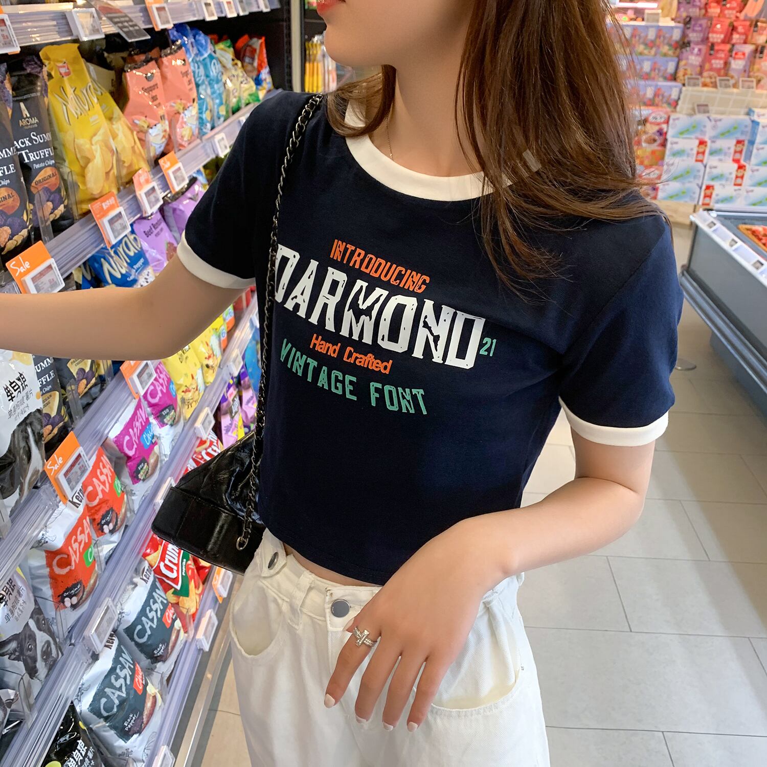 ショートプリントTシャツ サマーハイウェストスリムブラウス 夏物 6Du_Shop_Women96442485826