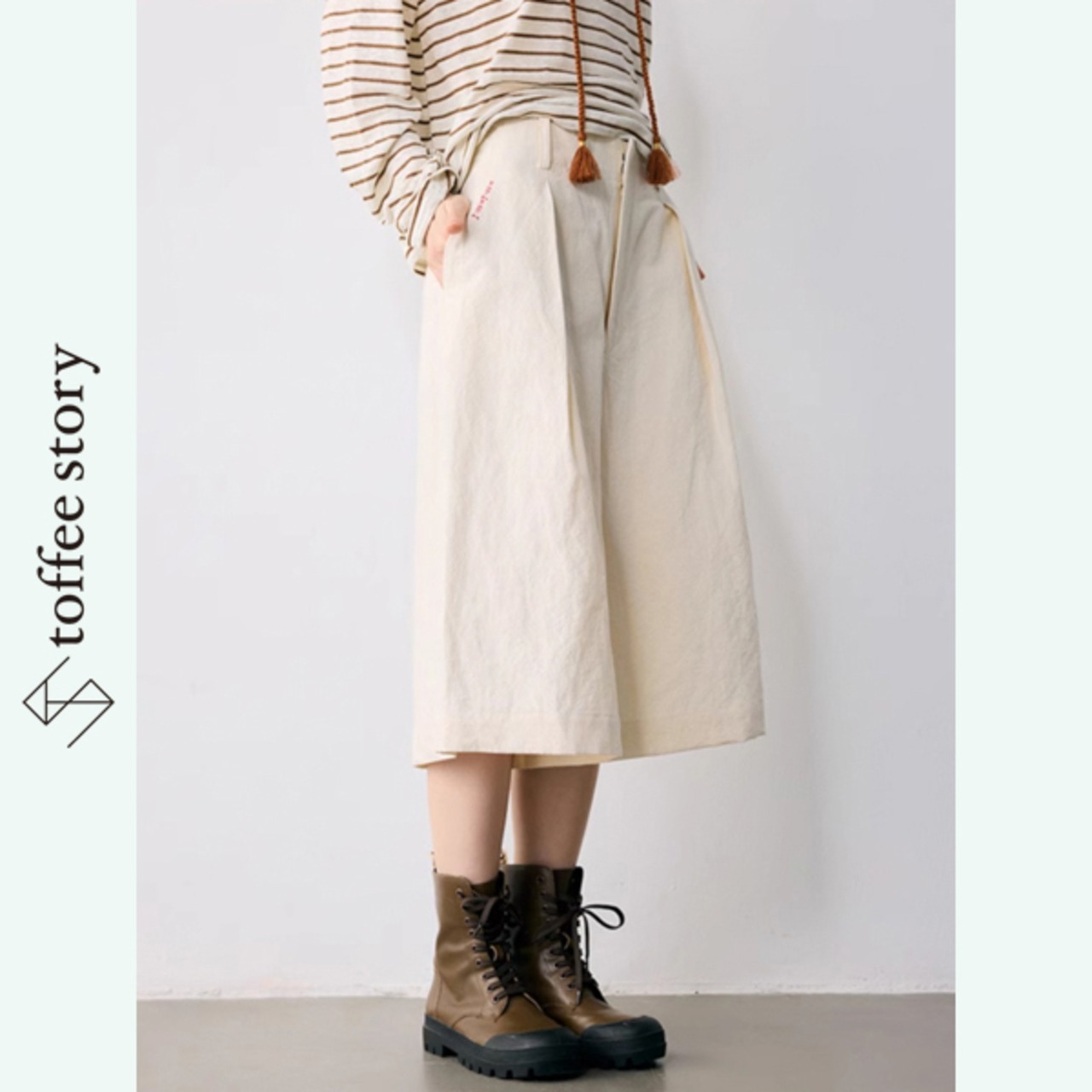 【2color】さり気ない刺繍をON♪上質コットン&リネンのハイウエスト七分丈パンツ《P0198》