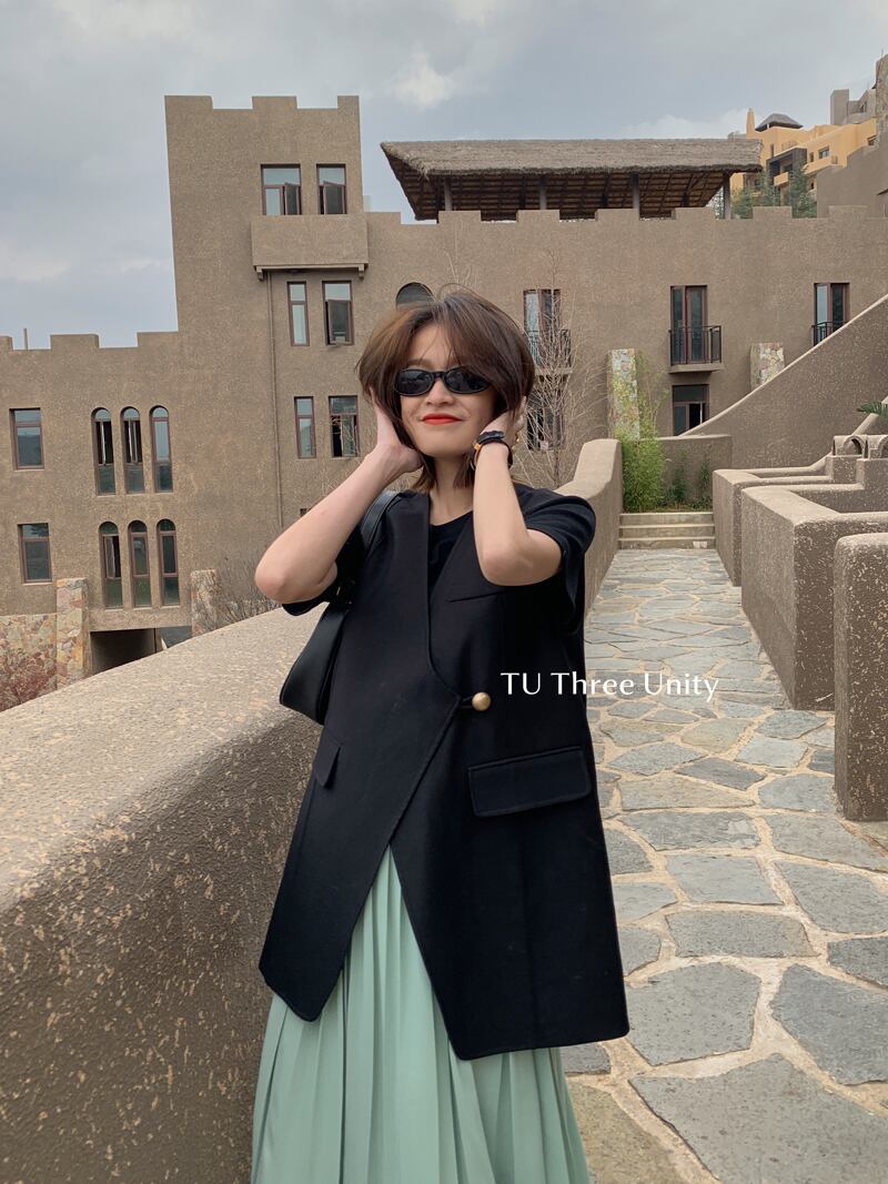 ボタンルーズVネックノースリーブジャケット トップス レディース ビッグFスモールZ韓国14419460371