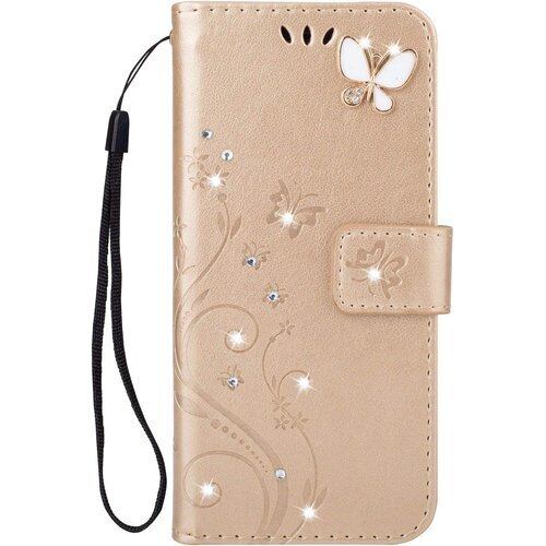 Galaxy S22 Ultra 5G ケース 6.8 インチ専用 SC-52C 手帳型 カバー おしゃれ 純色 バタフライの印 PUレザー 上絵 手帳型 カード入れ SCG14 財布カバー スタンド機能 耐衝撃 防塵 耐久性 装着やすい 吸着の機能 キラキラ 胡蝶 ラインストーン デコ メチャ可愛い ギャラクシー S22 ウルトラスマホカバー Galaxy S22 Ultra ゴールド 1272