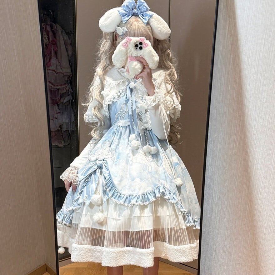 甘ロリ｜雲モチーフJSK＋ブラウス＋ケープ3点セット（ブルー）撮影会
