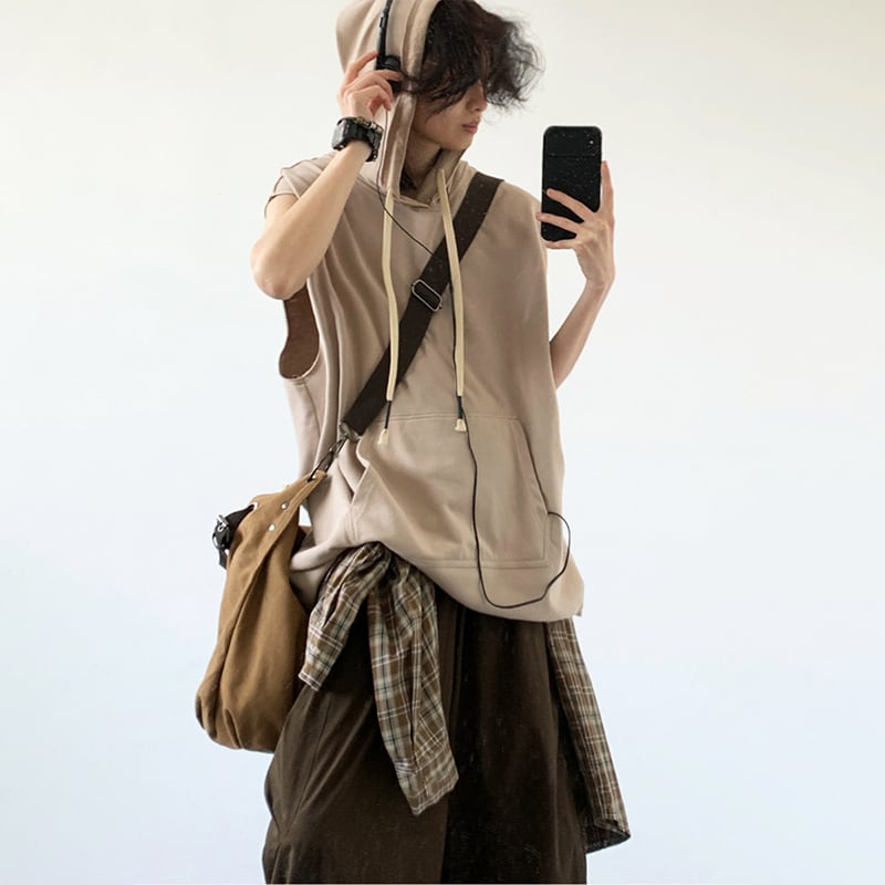 jiwuus薄茶色フード付きノースリーブTシャツ | PAY ID