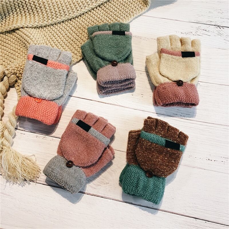 かわいい女性の手袋のバージョン秋と冬の学生の漫画は暖かさを厚くした5本指のフリップニットウールのハーフフィンガー ブラック・アイド・ピーズ58780958195