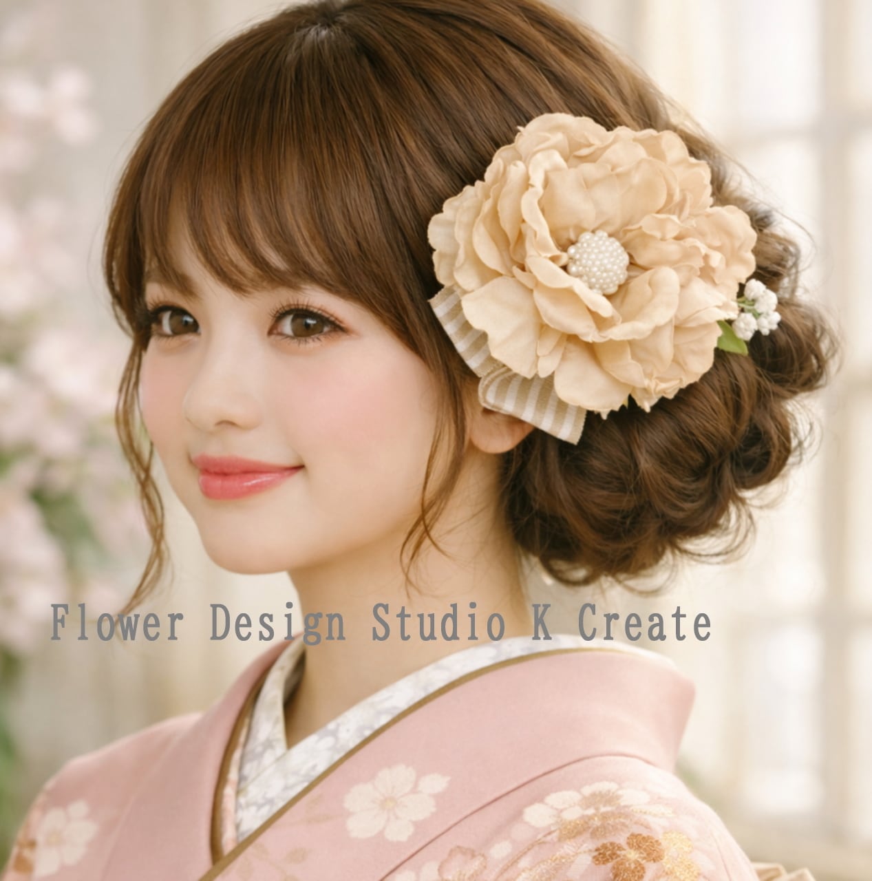 ベージュピオニーとストライプリボンのヘアクリップ ナチュラル リボン ピオニー お出掛け 成人式 卒業式 入学式 袴 浴衣髪飾り ベージュ