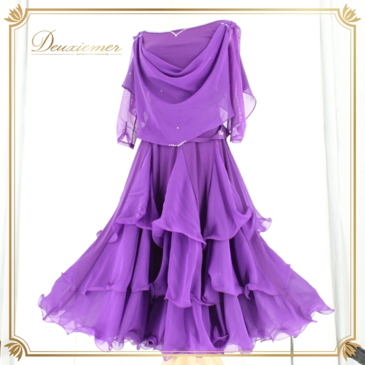 社交ダンス 衣装 スタンダード 上下セット ツーピース レッスンウェア パーティ衣装 レディース Roger 紫 ラインストーン パープル系 上品 バイオレット 大人 かわいい 上品なデザイン エレガント ダンスウェア フェミニン 二重スカート ボリューム感 優雅な動き 伸縮性あり おしゃれ 女性用 M~Lサイズ 発表会 競技用 社交ダンス用