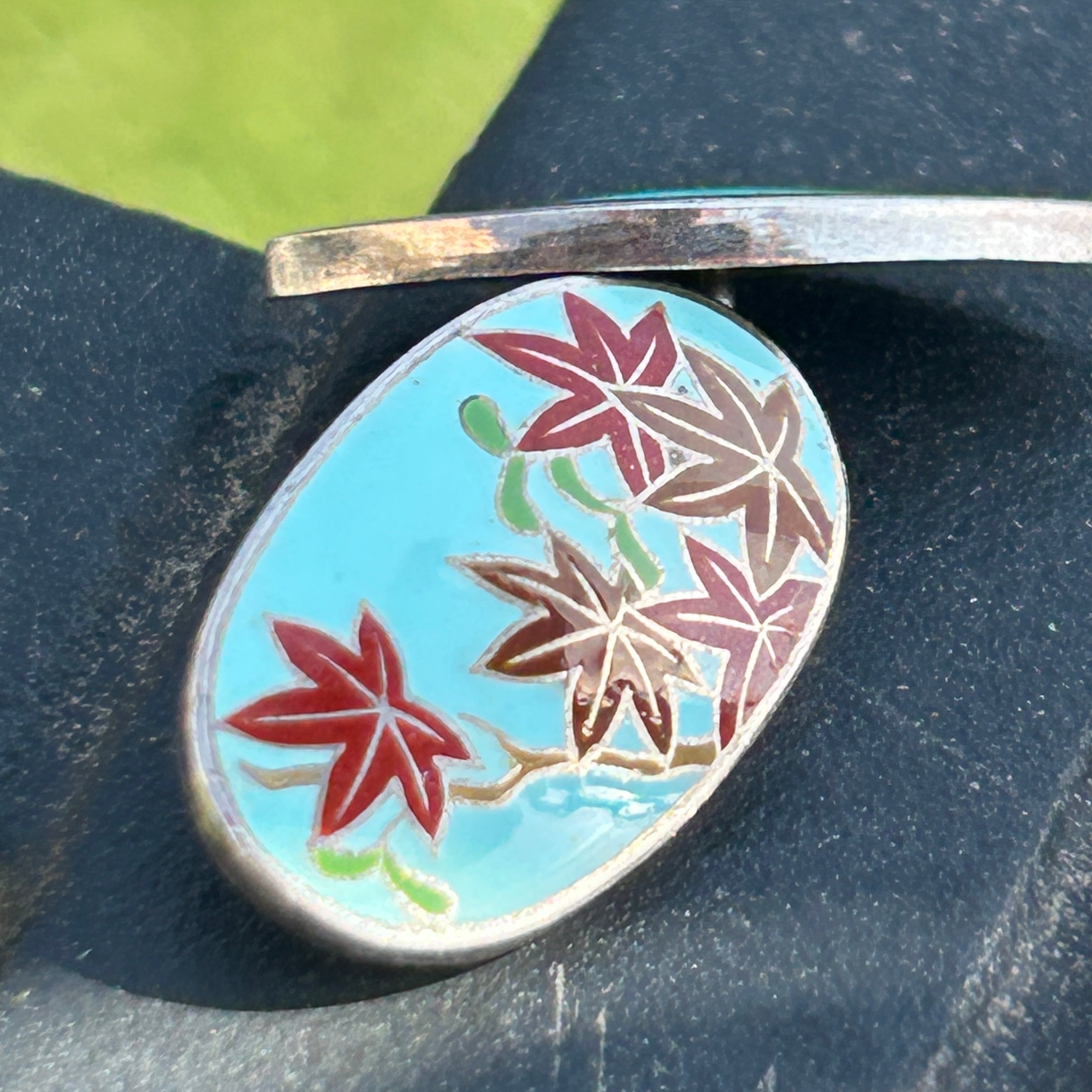 ヴィンテージ　輸出用七宝カフスボタン　スカイブルーに紅葉