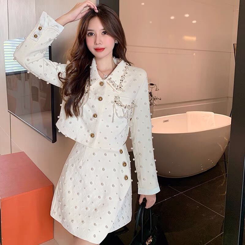 セットアップ】白 パール デコレーション ツイード コート ジャケット