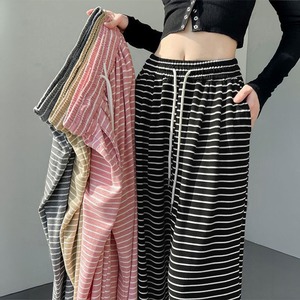 ワイド パンツ レディース 春 夏 秋 韓国 ボーダー ストレート イージー パンツ ウエストゴム ドロスト ゆったり ロング丈 体型カバー リラックス カジュアル ワンマイル ルームウェア 楽ちん [LW-CGP002]