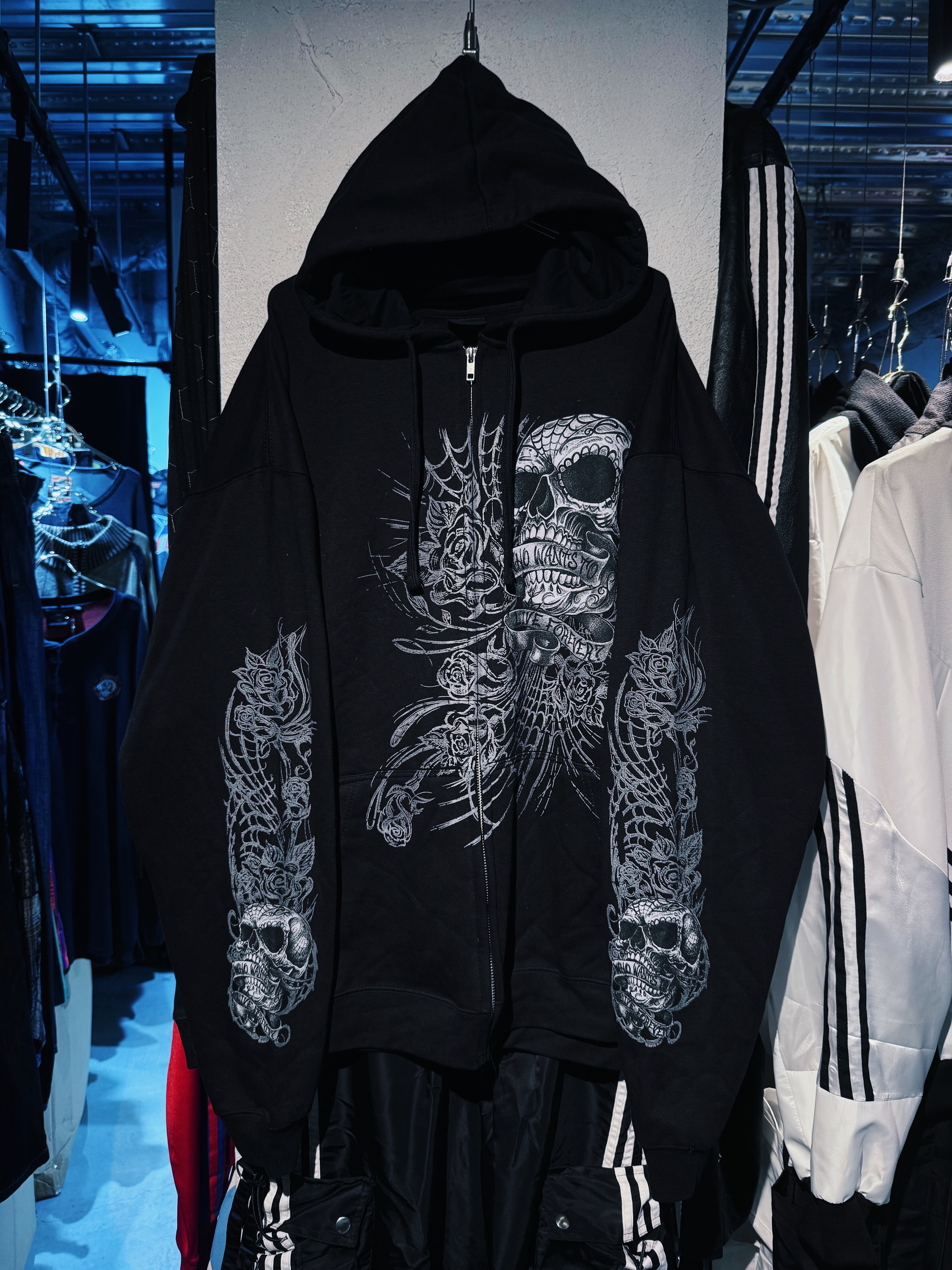 【D4C】vintage full pattern skull & rose tatoo print design zip up hoodie