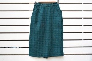 VINTAGE Deep green orange x black check wool straight skirt