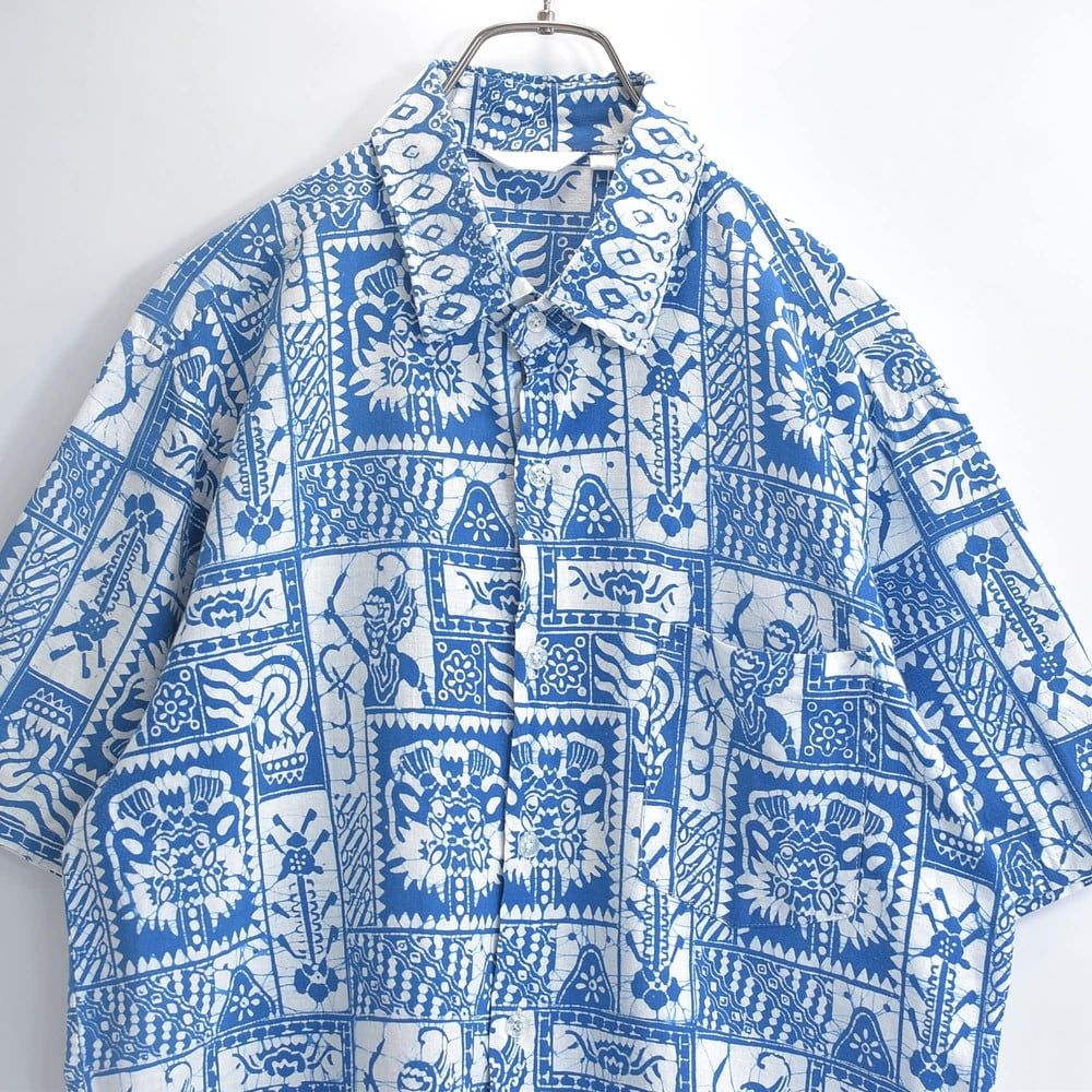JAYA BATIK バティック柄 アートデザイン 開襟 半袖シャツ 総柄 リゾート USED ヴィンテージ ビンテージ 古着 メンズ Lサイズ