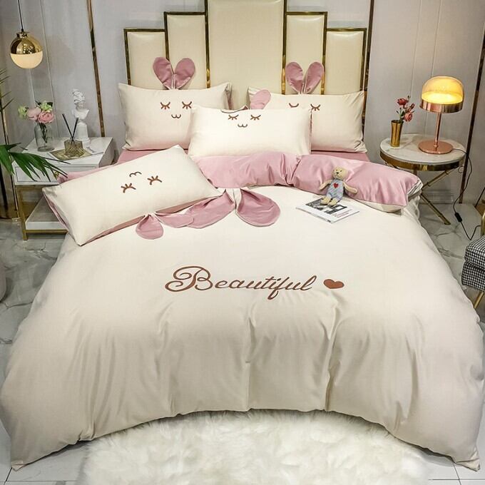 【フラットシーツ シングルサイズ3点セット】ロゴ刺繍×うさぎの耳デザインアイスシルク素材寝具カバー 布団カバー ベッドカバー 寝室 インテリア  ガーリー 可愛い お洒落 ８カラー