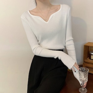 キーネック リブニット 長袖 トップス レディース 春秋冬 韓国 ニット きれいめ 大人 シンプル 重ね着 インナー カジュアル ニットセーター ストレッチ 大人可愛い 大人女子