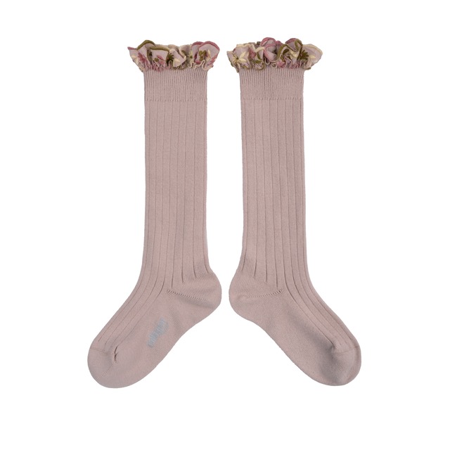 Collegien / Eglantine - Embroidered Ruffle Ribbed Knee-high Socks / Vieux Rose