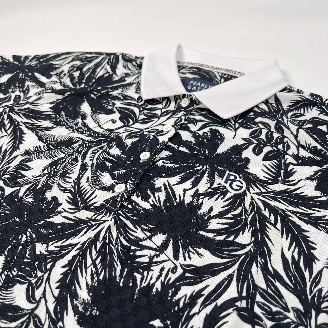 PEARLY GATES パーリーゲイツ 半袖ポロシャツ 黒×白 ヤシの木総柄 レディース 1 /ゴルフウェア/非売品
