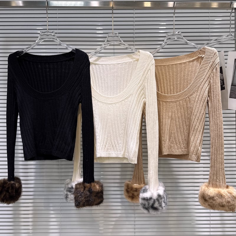 【tops】袖ファーニットトップス Q7333