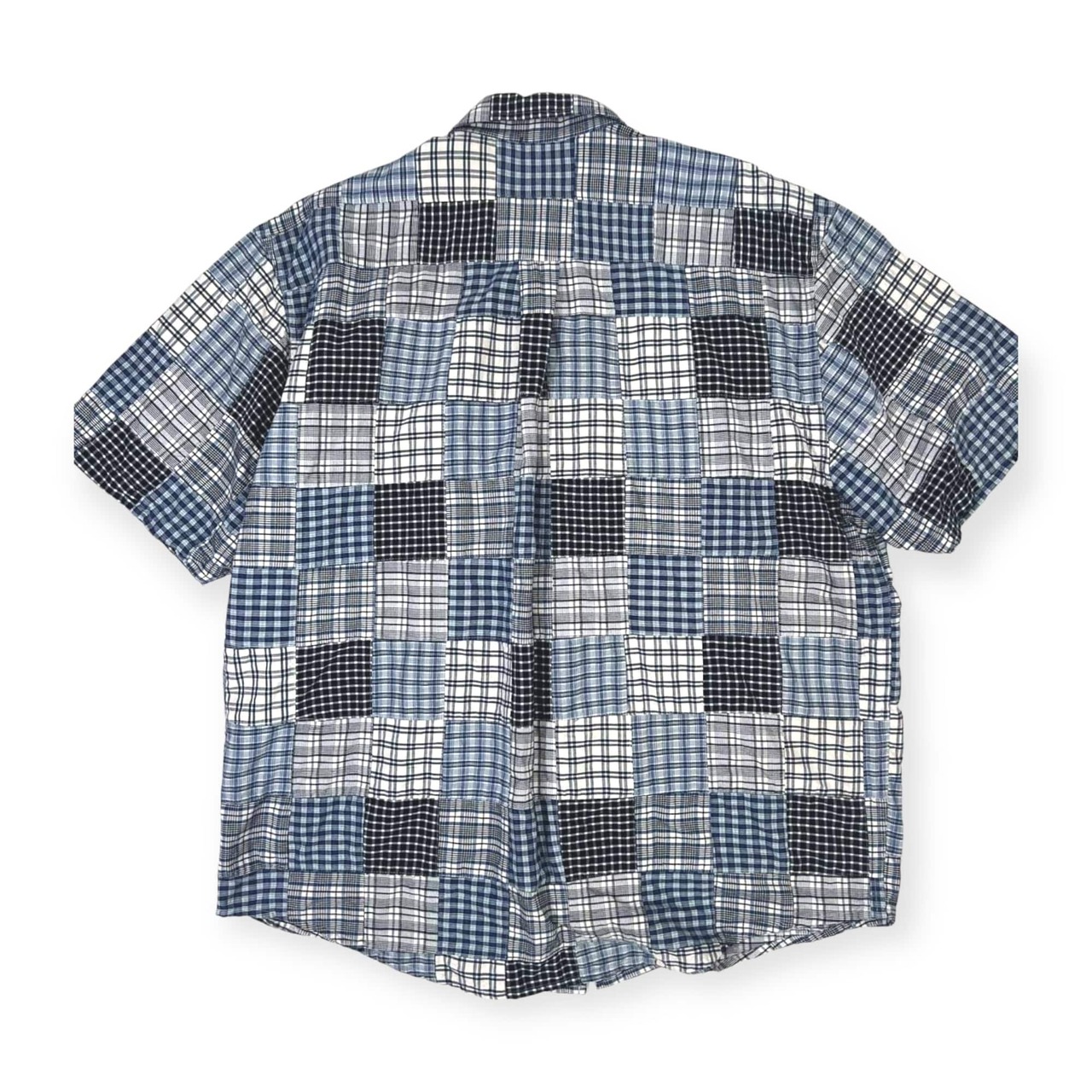 90s Eddie Bauer エディーバウアー 白タグ パッチワーク チェック インド綿 ボタンダウン BD 半袖 シャツ L /ネイビー系/古着