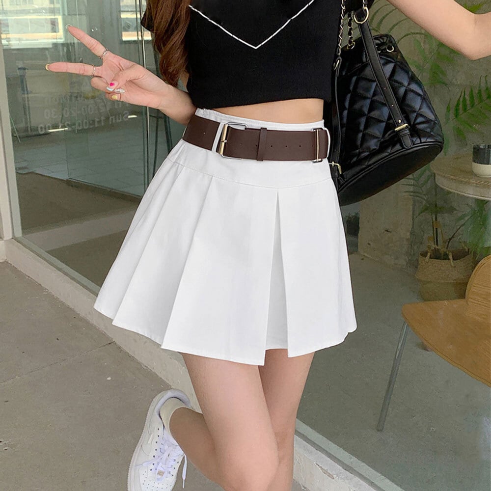 ホワイト プリーツスカート 小物ポーチ付き ミニボックス プリーツ スカート レディース 春夏 かわいい おしゃれ