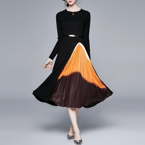 【送料無料】 ドッキングワンピース レディース 異素材 ドッキング 長袖 ニット リブニット プリーツ プリーツ切り替え 膝丈ワンピース 膝丈 ひざ丈 膝下 ひざ下 ミモレ丈 ミディワンピース ドレス フレア アシンメトリー アシメ バイカラー グラデーション ハイウエスト 体型カバー 着痩せ 細見え 大人 上品 きれいめ お出かけ デート シック お洒落 おしゃれ 大人 オケージョン お呼ばれ 食事会 高級感 韓国 秋 冬 20代 30代 40代 50代 大きいサイズ ブラック 黒