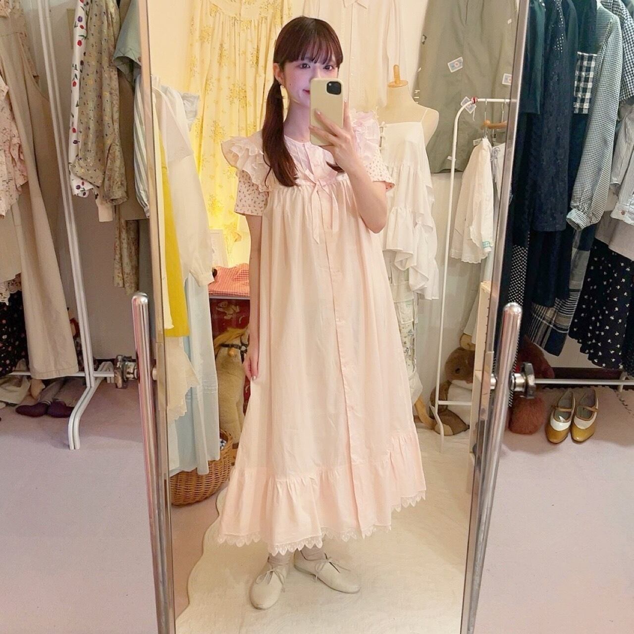 pink frill ribbon sleeve less one-piece