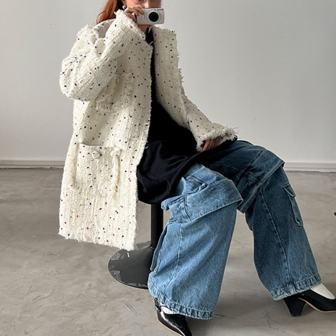 カラフルツイード粒フリンジ付きホワイトコート　LT0040003